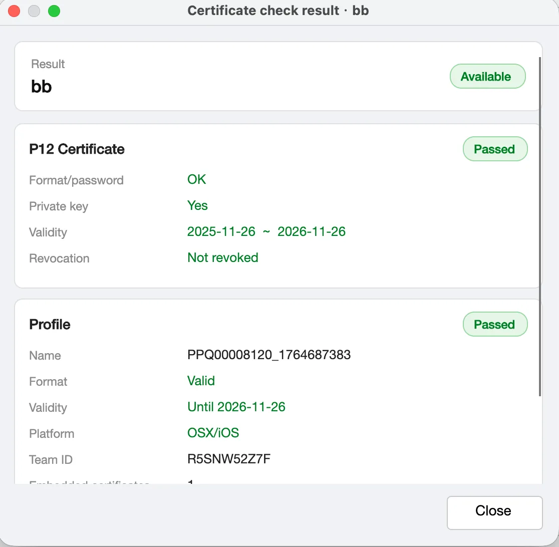 OSign desktop certificate check result