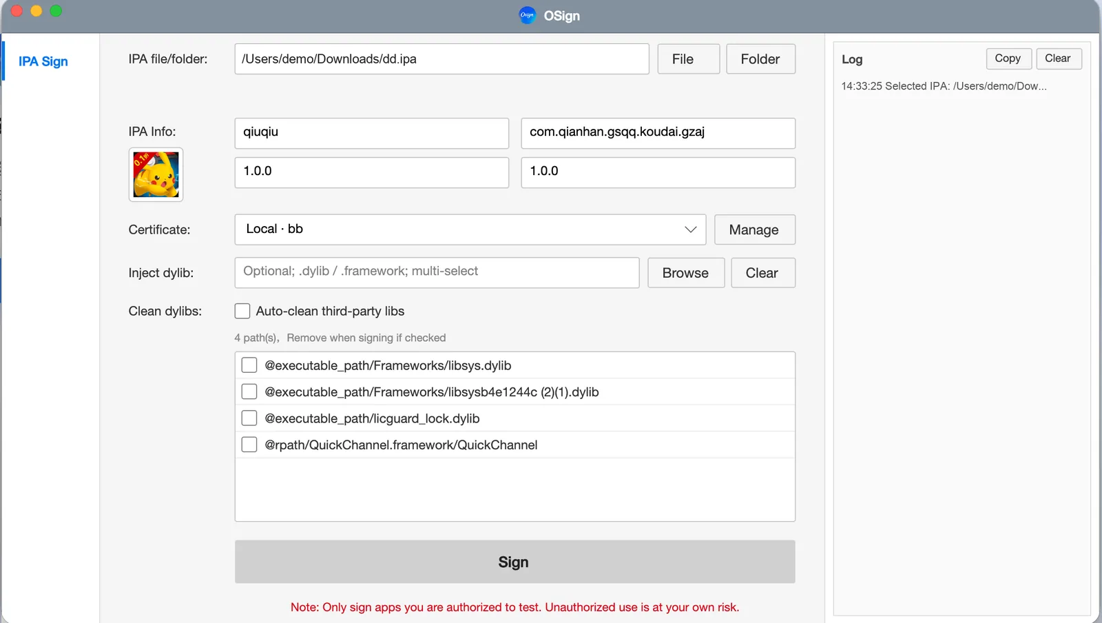 OSign desktop IPA signing interface